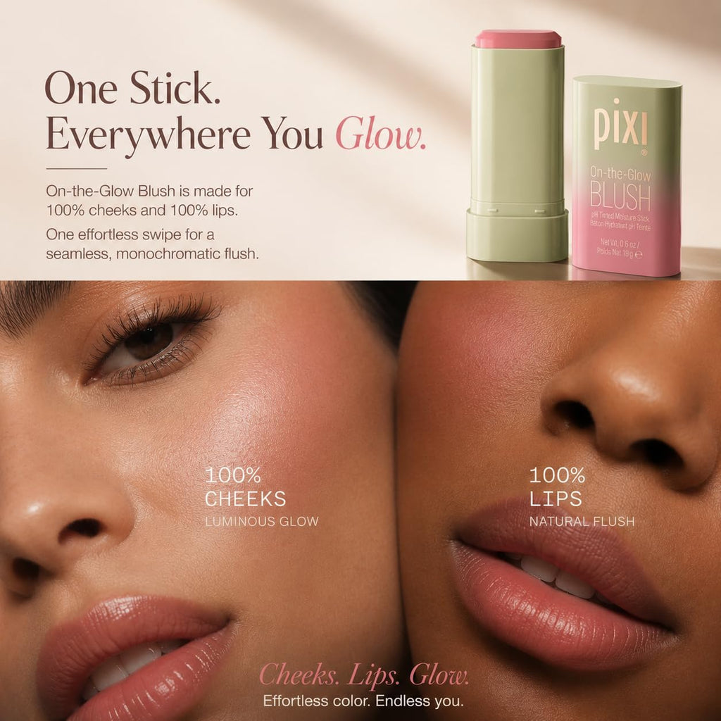 Pixi On-the-Glow Blush - CheekTone, pH Reactive Hydrating Tinted Moisture Blush Stick with Ginseng, Aloe Vera & Fruit Extracts, For Cheeks & Lips, 19g / 0.6oz, Paraben-Free