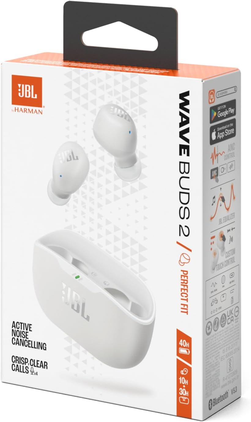 JBL Wave Buds 2 True Wireless Noise Cancellling Earbuds, Pure Bass Sound, Bluetooth 5.3, LE Audio, Smart Ambient, 4-Mic Technology, 40H Battery, Water and Dust Resistant - JBLWBUDS2WHT, White