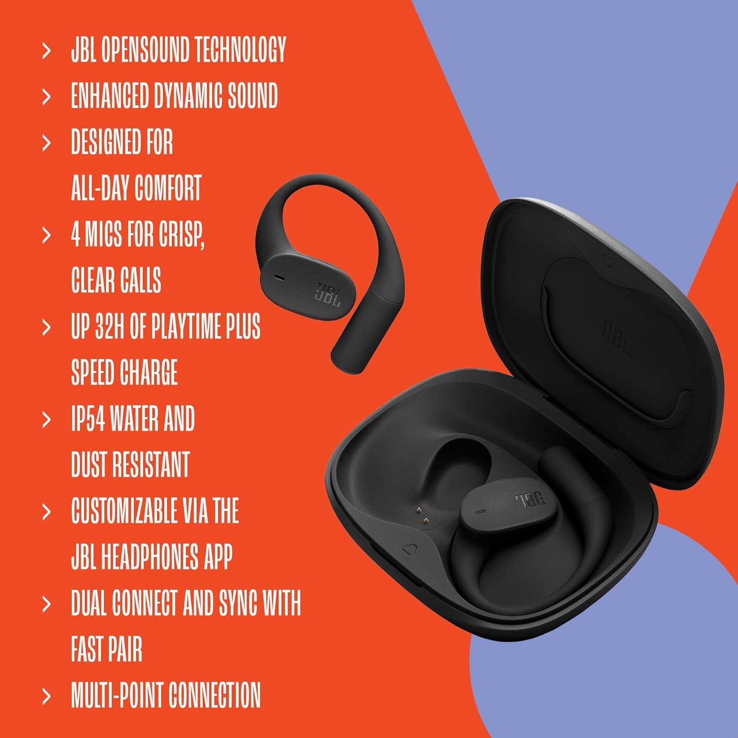 JBL Sense Lite Wireless Earbuds with Open Design and Ear Hook, JBL OpenSound Air Conduction Technology, 32 Hours Operation, Water & Dust Resistant IP54, Black
