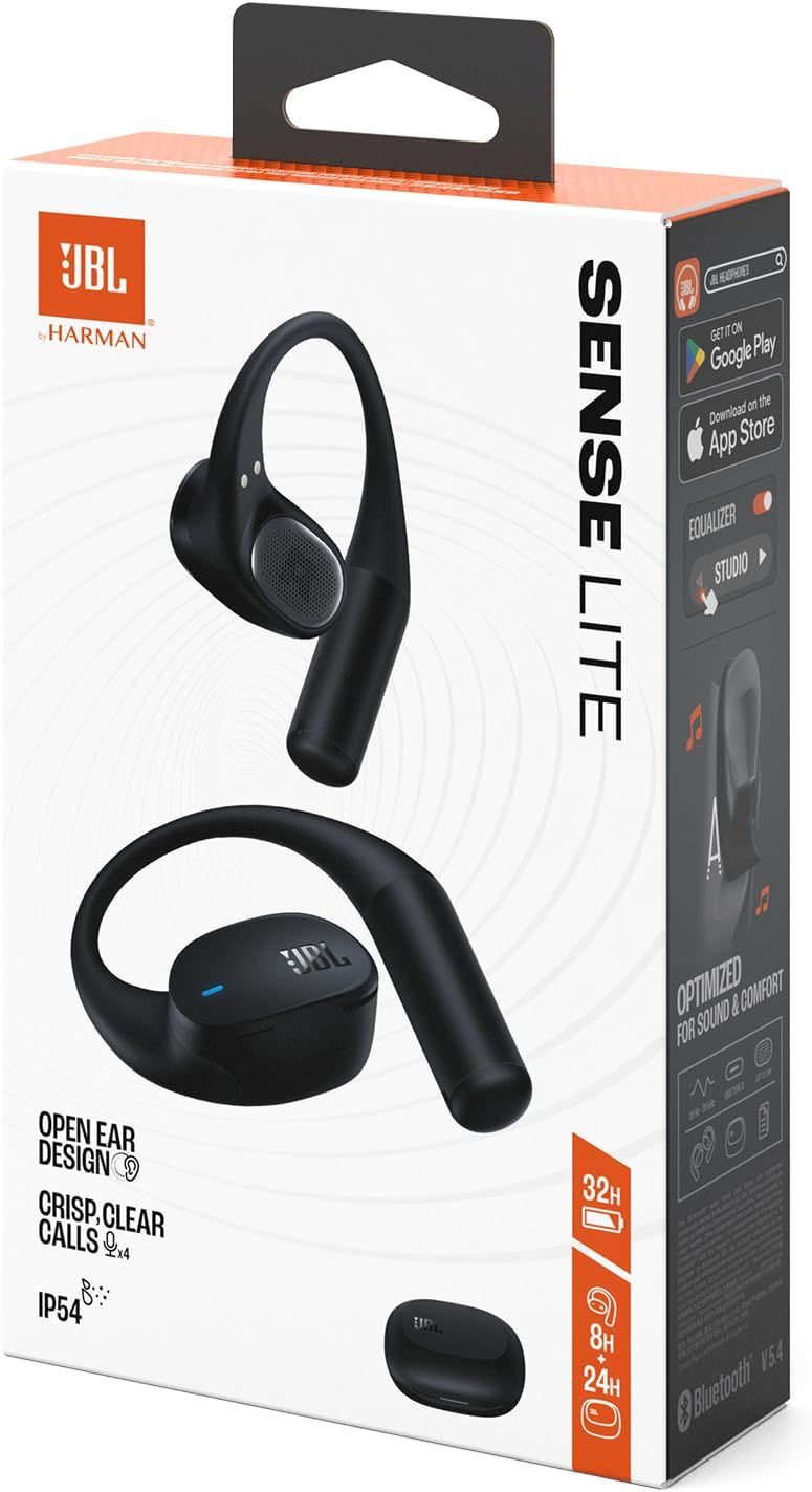 JBL Sense Lite Wireless Earbuds with Open Design and Ear Hook, JBL OpenSound Air Conduction Technology, 32 Hours Operation, Water & Dust Resistant IP54, Black