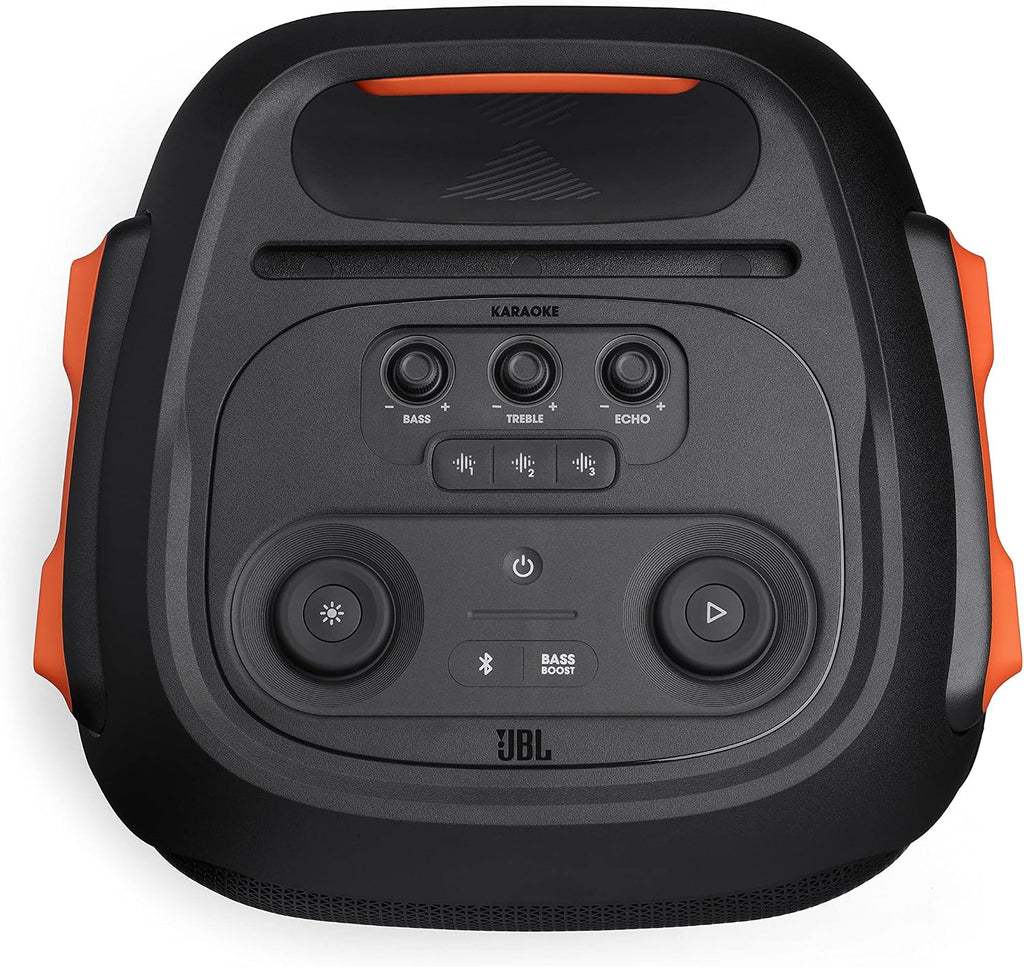 JBL PartyBox 710 Portable Indoor and Outdoor Party Speaker with Built-In Lights, IPX4 Splashproof Design, Deep Bass and Robust Wheels, in Black