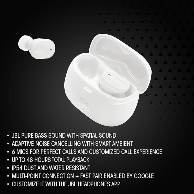 JBL Tune Buds 2 True Wireless Noise Cancellling Earbuds, Pure Bass Sound, Bluetooth 5.3, LE Audio, Smart Ambient, 6-Mic Technology, 48H Battery, Water and Dust Resistant - JBLTBEAM2WHT, White