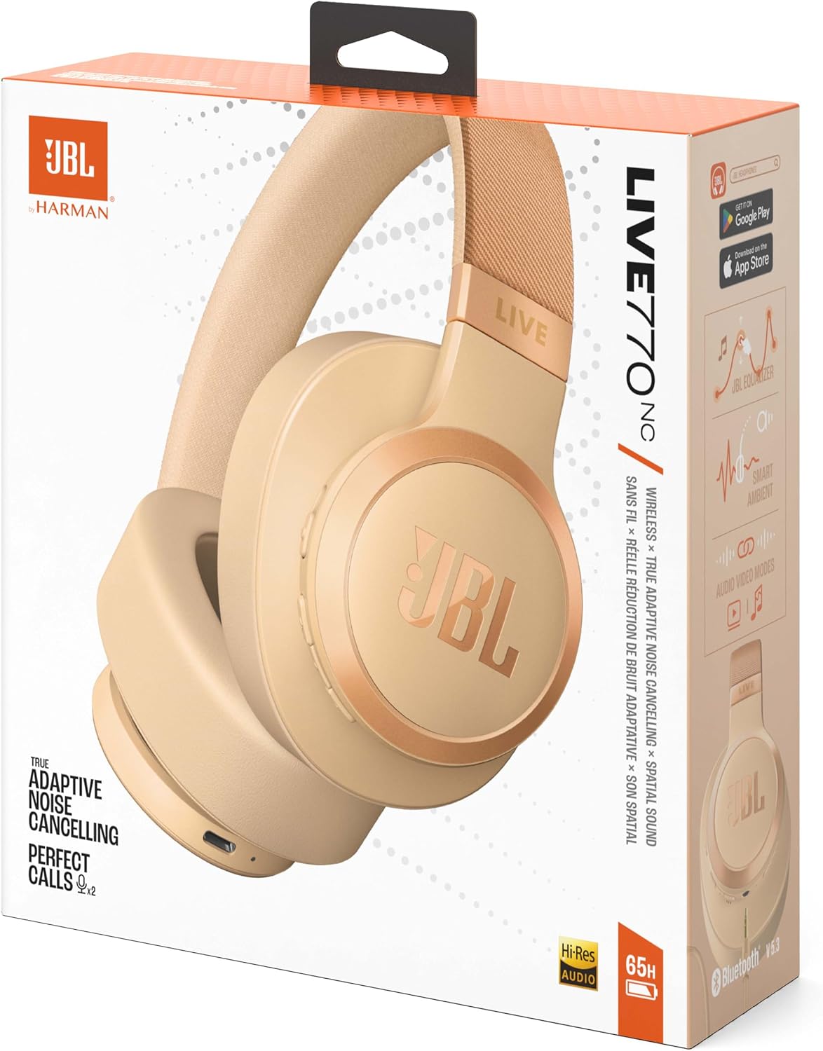 JBL LIVE 770NC Wireless Over-Ear Headphones – Adaptive Noise Cancelling, JBL Signature Sound, 65H Battery, Smart Ambient & Bluetooth 5.3, JBLLIVE770NCSAT, Beige