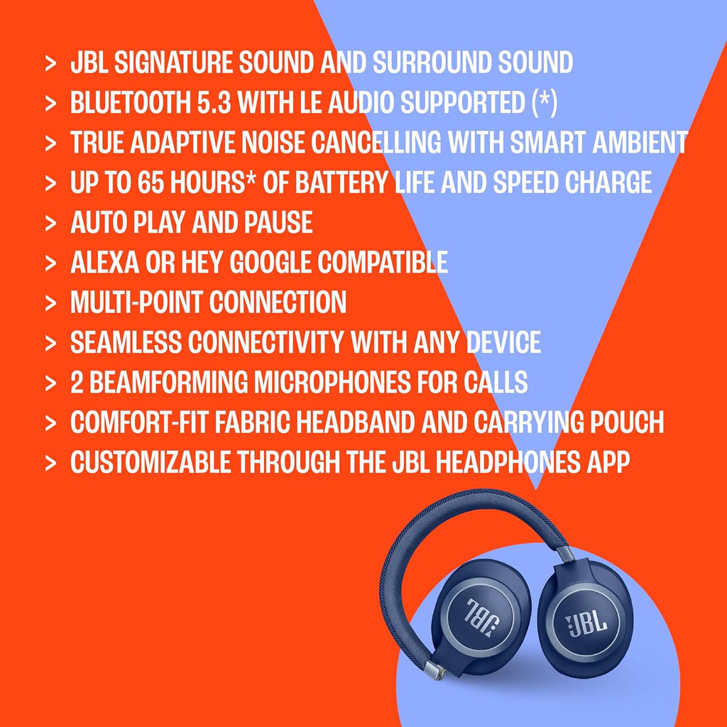 JBL LIVE 770NC Wireless Over-Ear Headphones – Adaptive Noise Cancelling, JBL Signature Sound, 65H Battery, Smart Ambient & Bluetooth 5.3, JBLLIVE770NCSAT, Beige