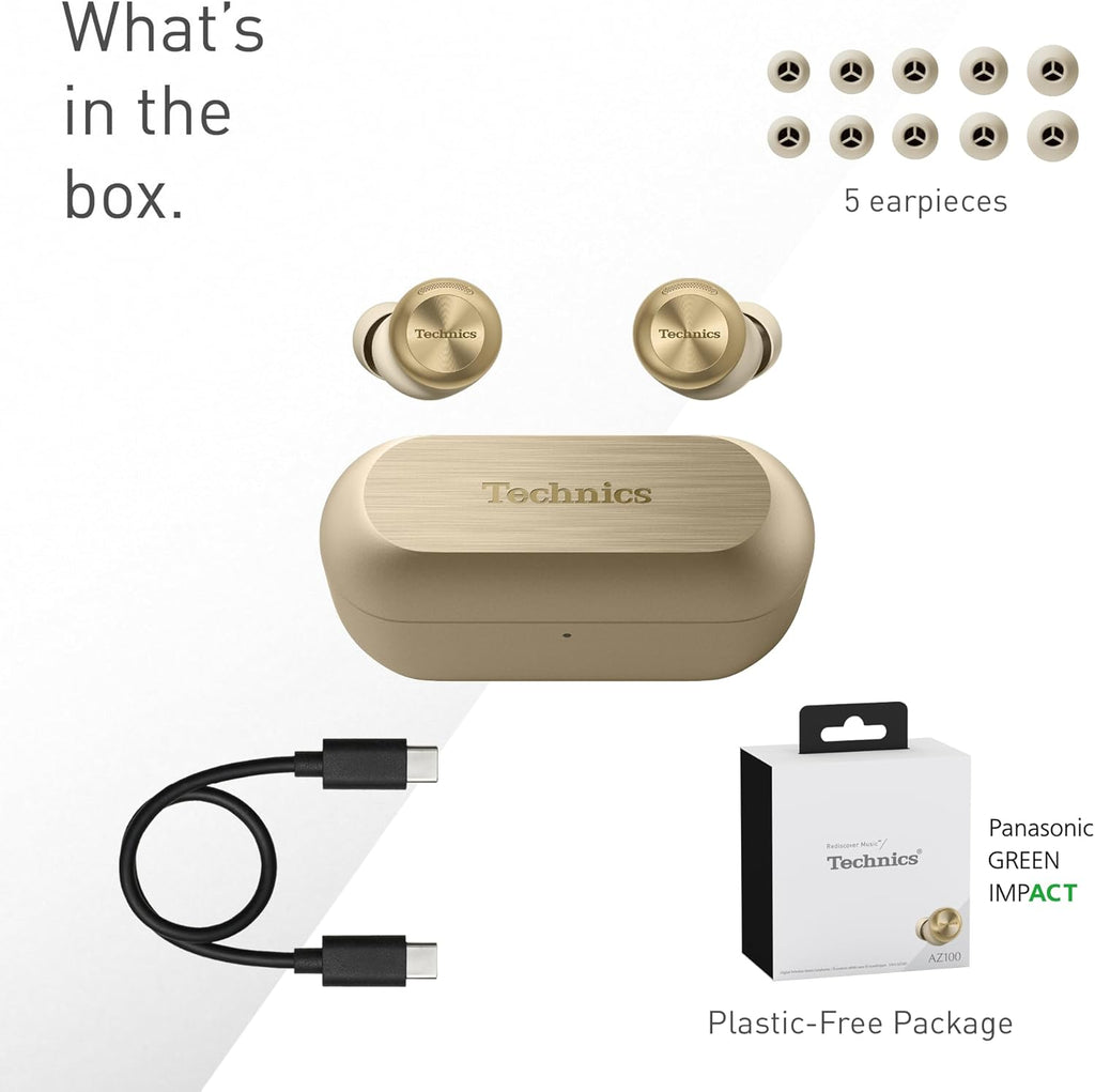 Technics EAH-AZ100E-S Wireless Earbuds with Noise Cancelling, Bluetooth Multipoint, Voice Focus AI, Comfortable In-Ear Earbuds, Champagne Gold
