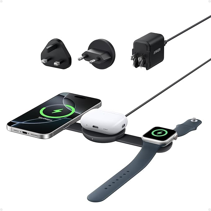 Anker MagSafe Compatible MagGo UFO 3-in-1 Charger, iPhone 17 Wireless Charging Station, 15W Qi2 Certified, Foldable Travel Charging Pad, for iPhone 17/16/15, AirPods, Apple Watch (Not a Power Bank)