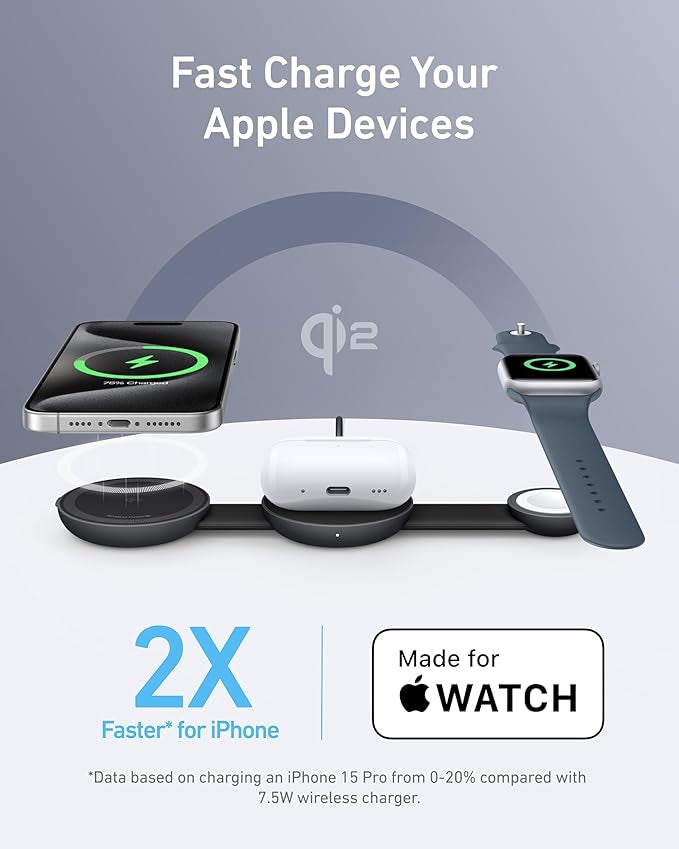 Anker MagSafe Compatible MagGo UFO 3-in-1 Charger, iPhone 17 Wireless Charging Station, 15W Qi2 Certified, Foldable Travel Charging Pad, for iPhone 17/16/15, AirPods, Apple Watch (Not a Power Bank)