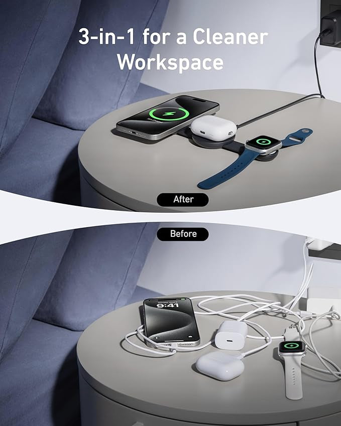 Anker MagSafe Compatible MagGo UFO 3-in-1 Charger, iPhone 17 Wireless Charging Station, 15W Qi2 Certified, Foldable Travel Charging Pad, for iPhone 17/16/15, AirPods, Apple Watch (Not a Power Bank)