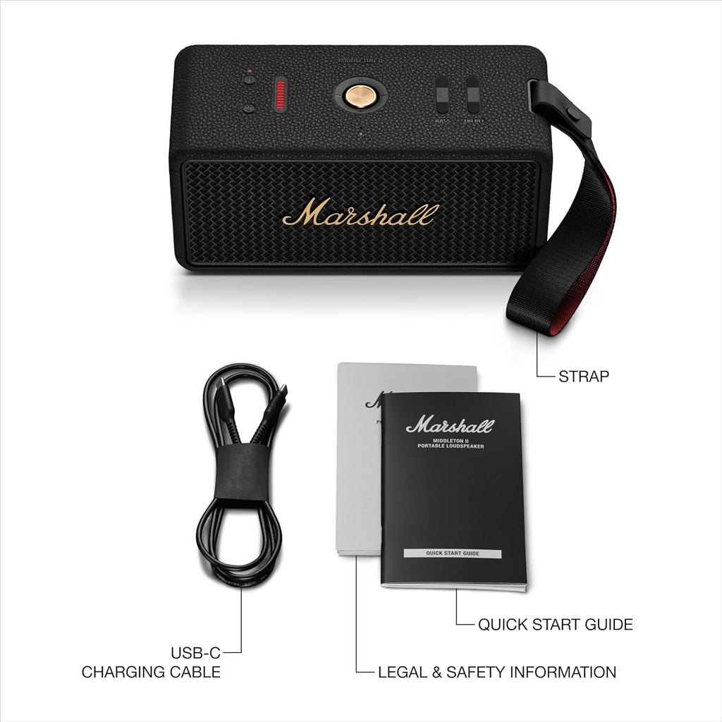 Marshall Middleton II Bluetooth Portable Speaker for Outdoor Adventures, 30+ Hours of Wireless Playtime, Waterproof IP67 60W - Black & Brass
