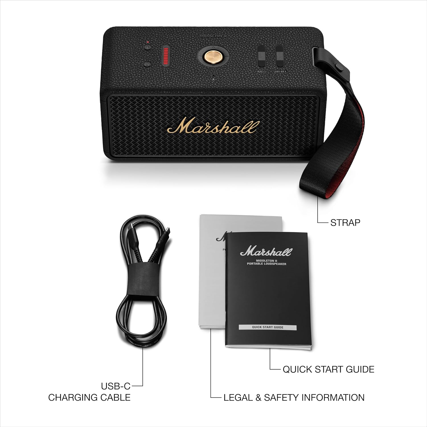 Marshall Middleton II Bluetooth Portable Speaker for Outdoor Adventures, 30+ Hours of Wireless Playtime, Waterproof IP67 60W - Black & Brass