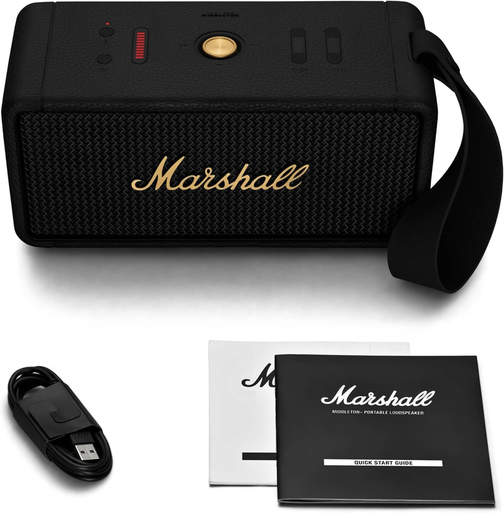 Marshall Middleton Bluetooth Portable Speaker for Outdoor Adventures, 20+ hours of Wireless playtime, water resistant IP67 50W - Black and Brass