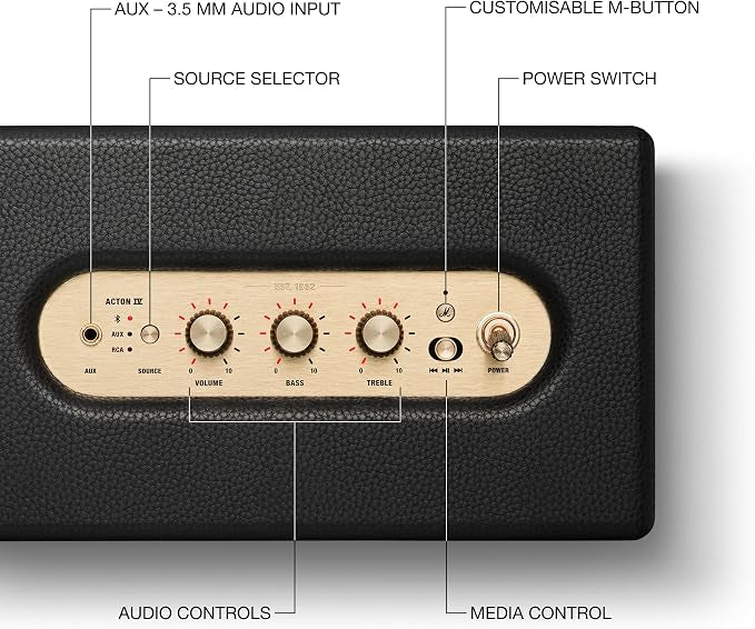 Marshall Acton IV Bluetooth Home Speaker - Room-Filling Stereo Sound with Bass and Treble Controls | Plug-in Powered | Record Player Compatible - Black