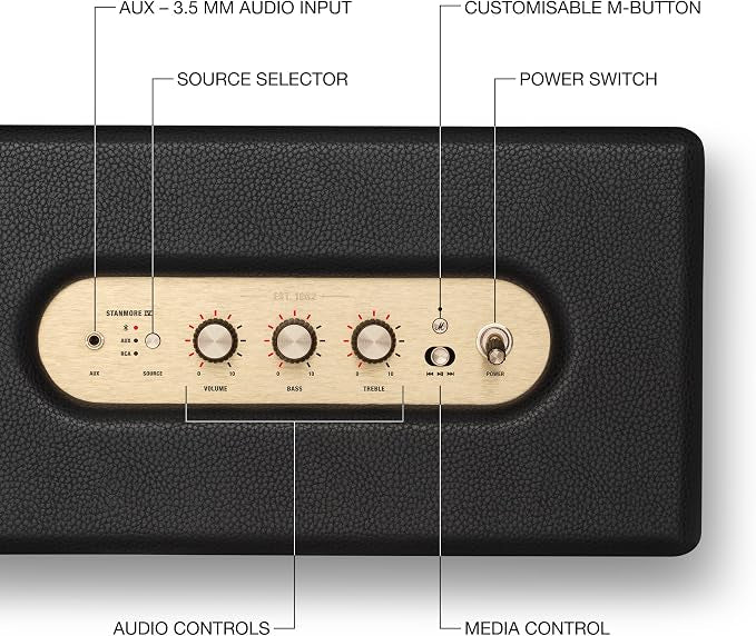 Marshall Stanmore IV Bluetooth Home Speaker - Room-to-Room Stereo Sound with Bass and Treble Controls | Plug-in Powered | Record Player Compatible - Black