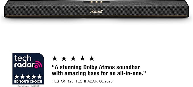 Marshall Heston 120 Soundbar - Dolby Atmos Immersive Sound and Built-in Subwoofer for TV, Movies and Music | Volume, Bass, Treble Controls | Bluetooth, Wi-Fi, HDMI, RCA Inputs - Black