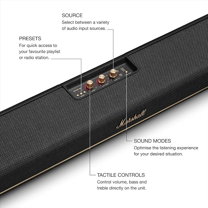 Marshall Heston 120 Soundbar - Dolby Atmos Immersive Sound and Built-in Subwoofer for TV, Movies and Music | Volume, Bass, Treble Controls | Bluetooth, Wi-Fi, HDMI, RCA Inputs - Black