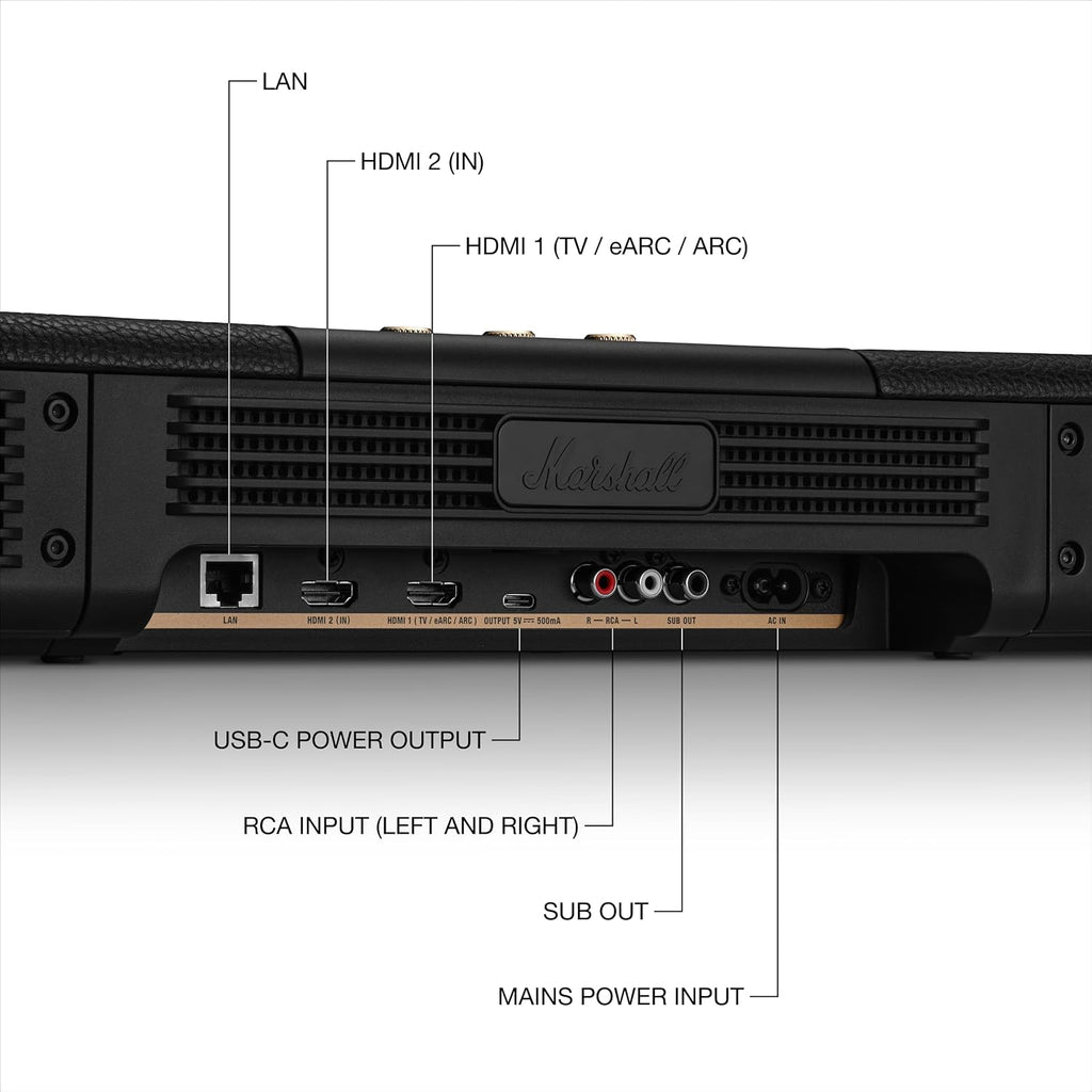 Marshall Heston 120 Soundbar - Dolby Atmos Immersive Sound and Built-in Subwoofer for TV, Movies and Music | Volume, Bass, Treble Controls | Bluetooth, Wi-Fi, HDMI, RCA Inputs - Black