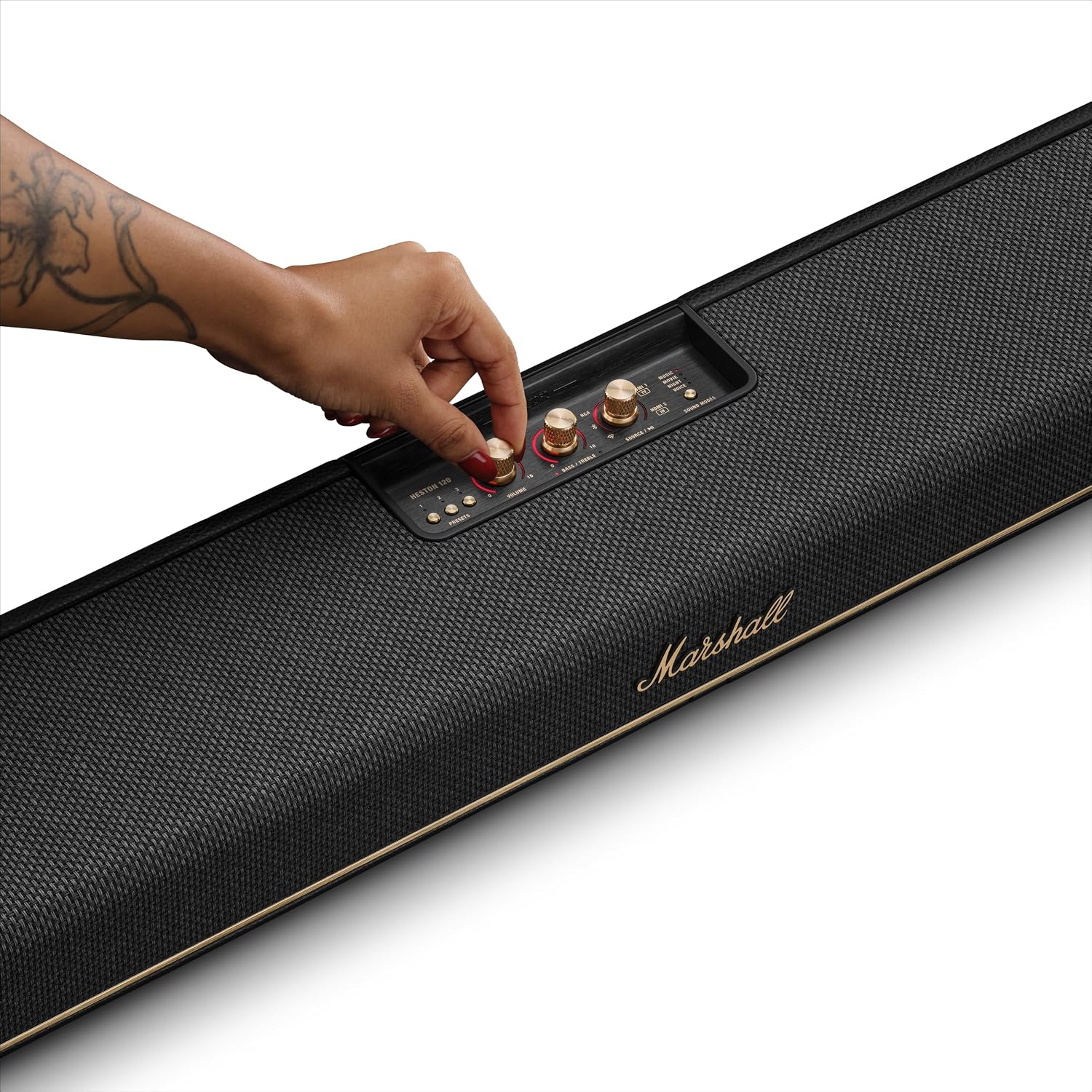 Marshall Heston 120 Soundbar - Dolby Atmos Immersive Sound and Built-in Subwoofer for TV, Movies and Music | Volume, Bass, Treble Controls | Bluetooth, Wi-Fi, HDMI, RCA Inputs - Black