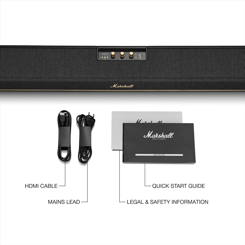 Marshall Heston 120 Soundbar - Dolby Atmos Immersive Sound and Built-in Subwoofer for TV, Movies and Music | Volume, Bass, Treble Controls | Bluetooth, Wi-Fi, HDMI, RCA Inputs - Black