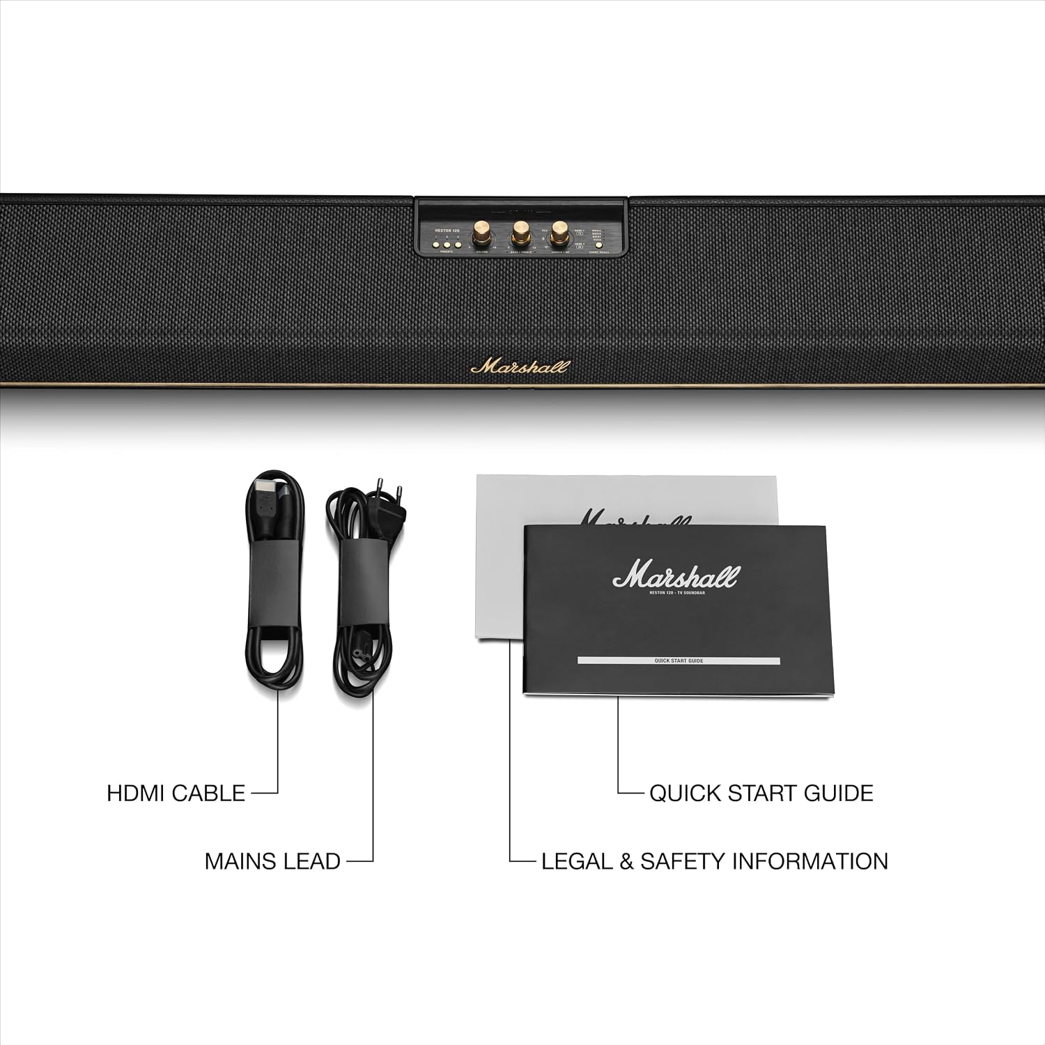 Marshall Heston 120 Soundbar - Dolby Atmos Immersive Sound and Built-in Subwoofer for TV, Movies and Music | Volume, Bass, Treble Controls | Bluetooth, Wi-Fi, HDMI, RCA Inputs - Black
