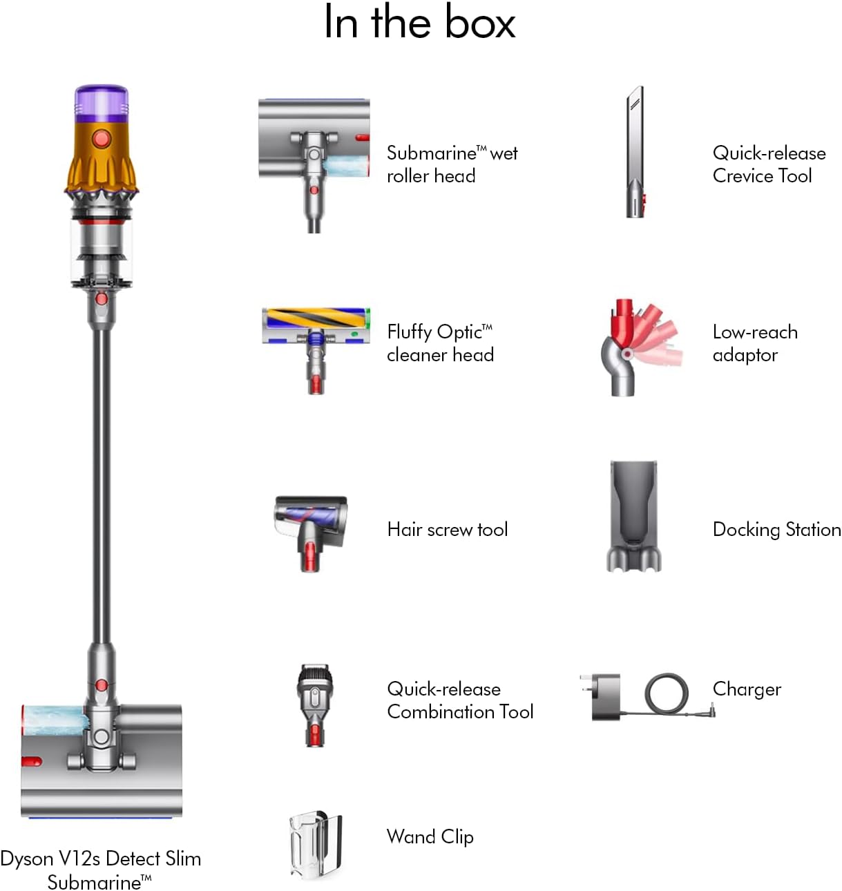 Dyson V12 Detect Slim Submarine Cordless Vacuum Cleaner|All-in-one wet & dry vacuum|2 Yr Warranty incl accidental damage protection| Illumination for hidden dust|150 Airwatts,0.35L bin,60 mins runtime