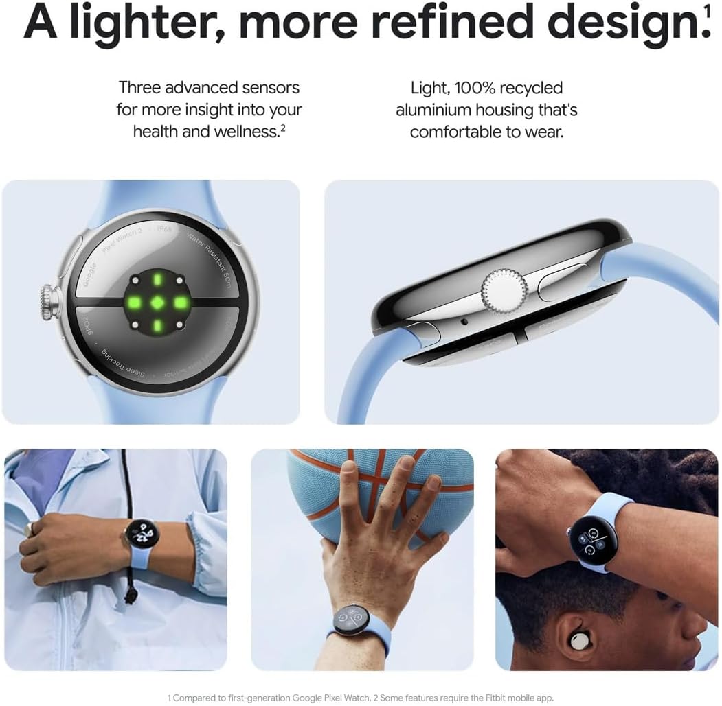 Google Pixel Watch 2 | 32GB+ 2GB RAM | Heart Rate Tracking, Stress Management,(4G LTE + Bluetooth/Wi-Fi, Silver Aluminium Case/Porcelain Active Band) (Renewed)