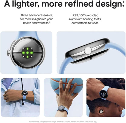 Google Pixel Watch 2 | 32GB+ 2GB RAM | Heart Rate Tracking, Stress Management,(4G LTE + Bluetooth/Wi-Fi, Silver Aluminium Case/Porcelain Active Band) (Renewed)