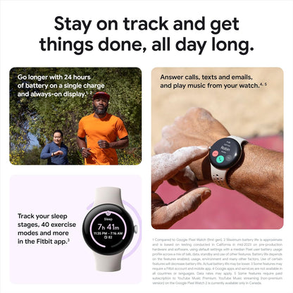 Google Pixel Watch 2 | 32GB+ 2GB RAM | Heart Rate Tracking, Stress Management,(4G LTE + Bluetooth/Wi-Fi, Silver Aluminium Case/Porcelain Active Band) (Renewed)