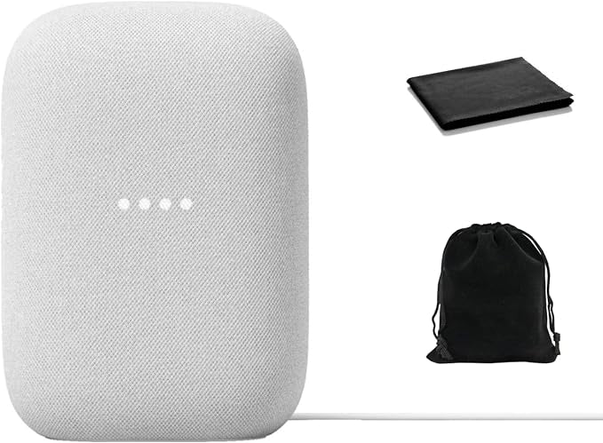 Google Audio Bluetooth Speaker - Wireless Music Streaming, Powerful Sound, Assistant Built-in, Wi-Fi and Bluetooth Connectivity, Smart Home Control, Stereo Pairing, Includes Pouch and Cloth