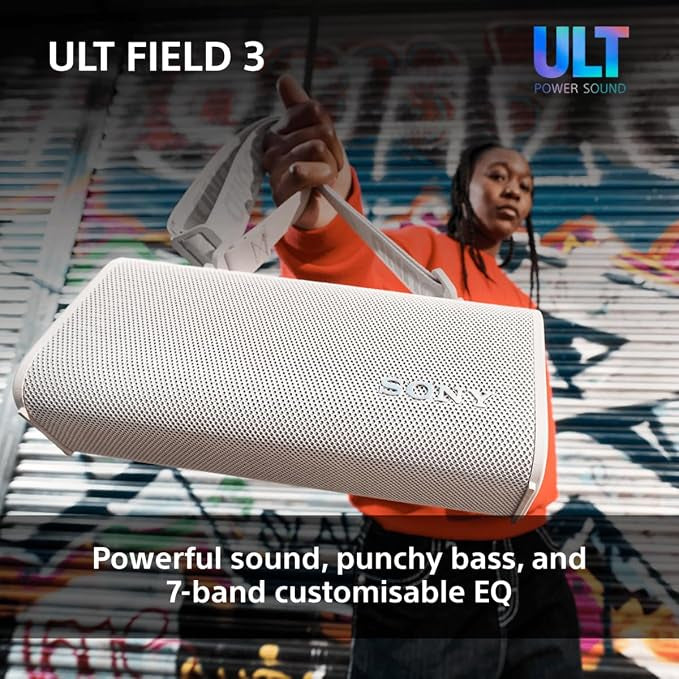 Sony ULT Field 3 Wireless Portable Bluetooth Speaker, IP67 Waterproof, Dustproof, Rustproof, and Shockproof with Enhanced Bass, 24 Hour Battery and Shoulder Strap, Off White